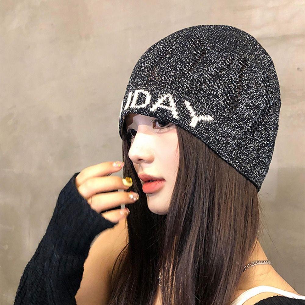 Vintage Letter Beanie Hat Cool Knitted Pullover Hat Fashion Sequin Knitted Hat  Streetwear