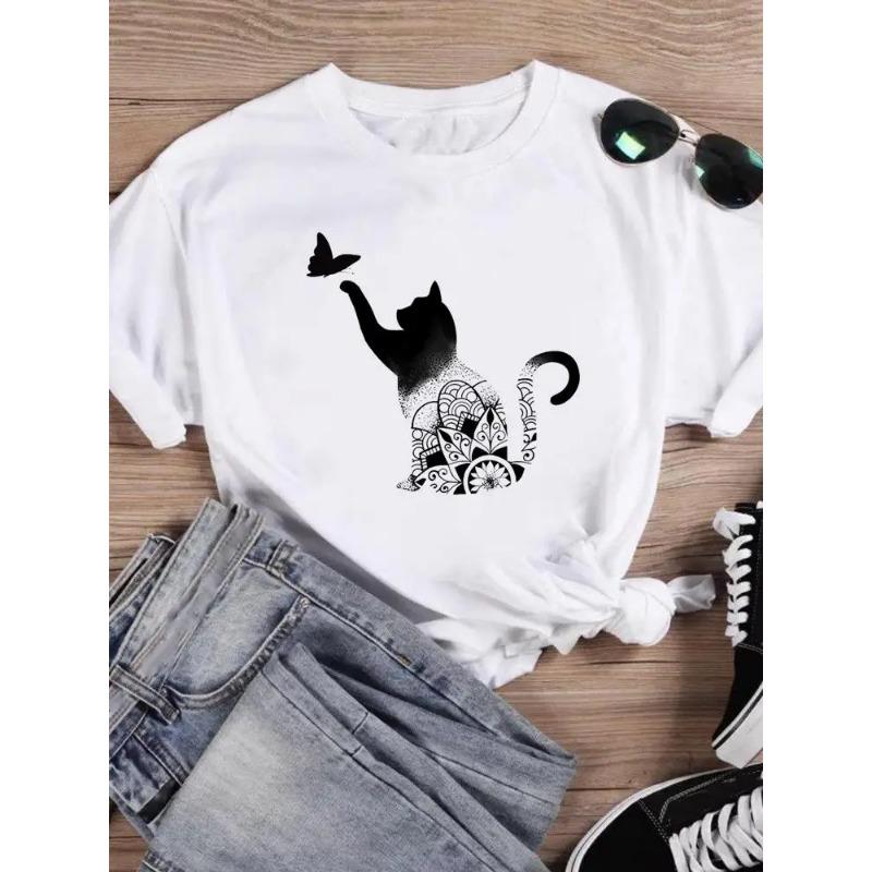Футболки с коротким рукавом, женские футболки с принтом, летние футболки с рисунком кота и любви ко Дню святого Валентина, женская графическая модная одежда, рубашка
