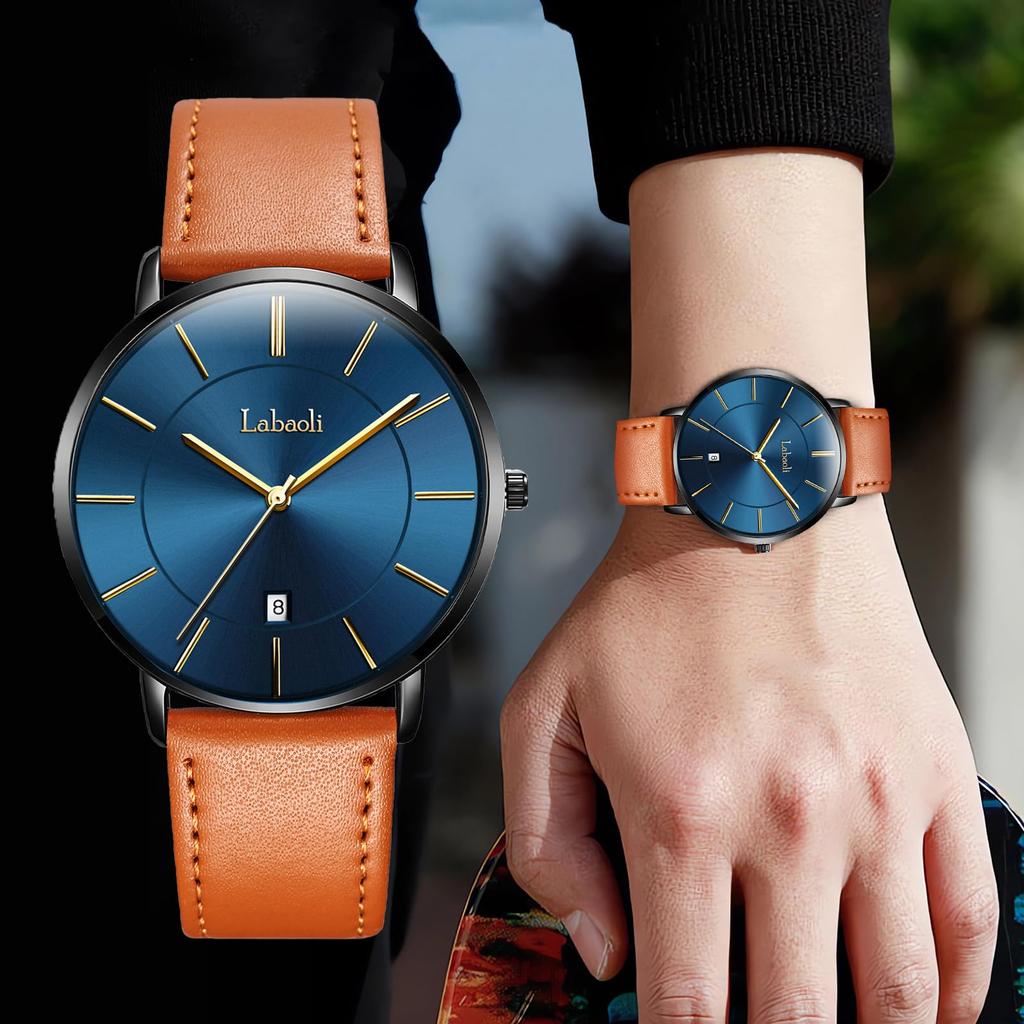 Ультратонкие простые повседневные деловые японские кварцевые часы 40 мм из натуральной кожи унисекс черного и синего цвета для мужчин, 6,5 мм, модные, часы, механизм, циферблат, ремешок,