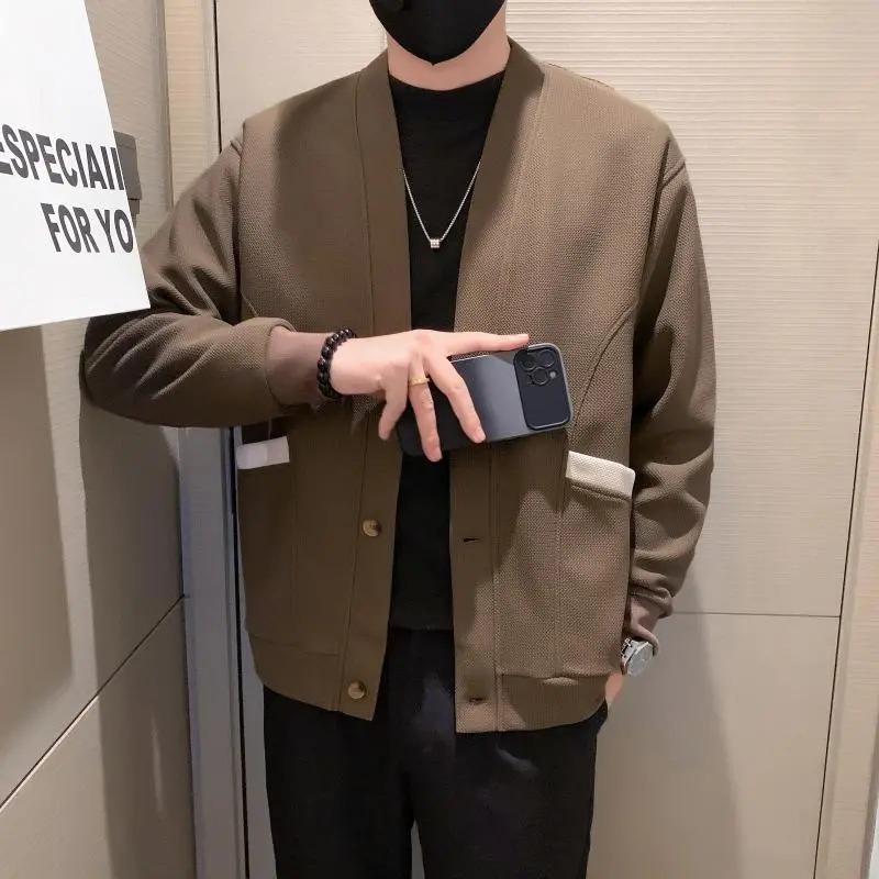 Осень Зима Однотонный Кардиган Свитер с V-образным вырезом и длинными рукавами Мужской Вязаный Модный Повседневный Свободный Жакет