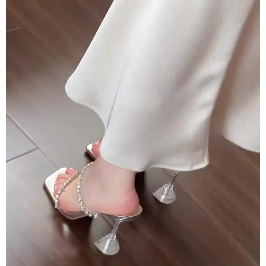 2025 новые прозрачные босоножки на высоком каблуке со стразами для лета для женщин с квадратным носком, сексуальные тонкие каблуки со стразами, высокие каблуки