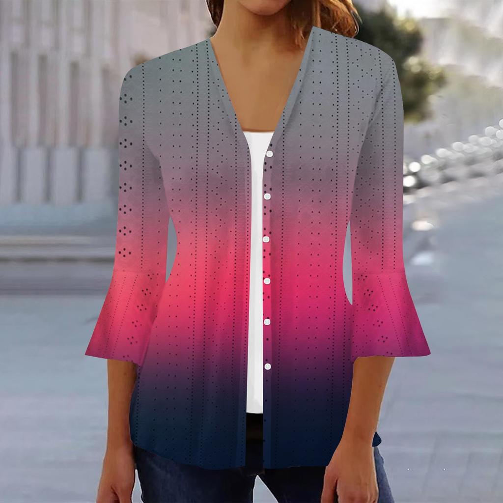 Женская мода свободный повседневный принт с рукавом три четверти рубашка на пуговицах кардиган топ