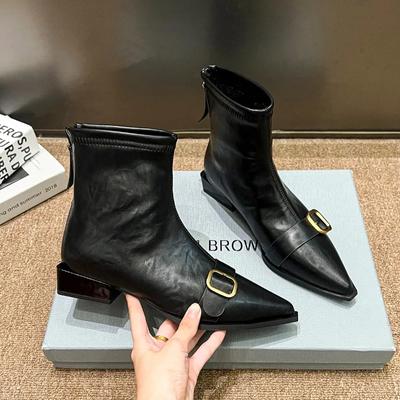 Модная обувь Черные короткие туфли для женщин Элегантные на низком каблуке Ботильоны Рабочие Женские Ботильоны до щиколотки Острый носок Дизайнерские Роскошные Осенние