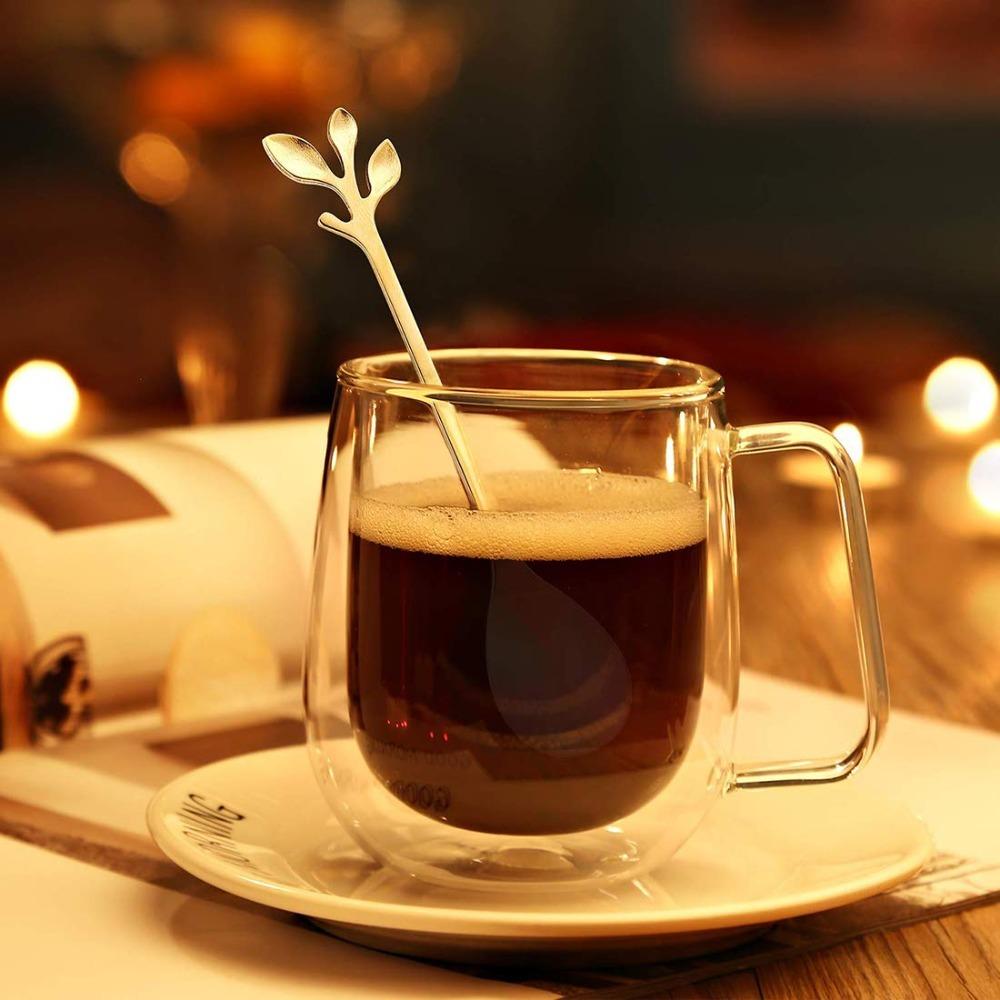 6pcs/Set Long Handle 7.4-Inch Leaf Teaspoons Gold Stainless Steel Coffee Stirring Spoon Kitchen Tools