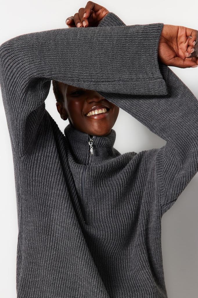 Women's Fashion New Sweater Stone Wide Fit Zippered High Collar Knitwear Sweater