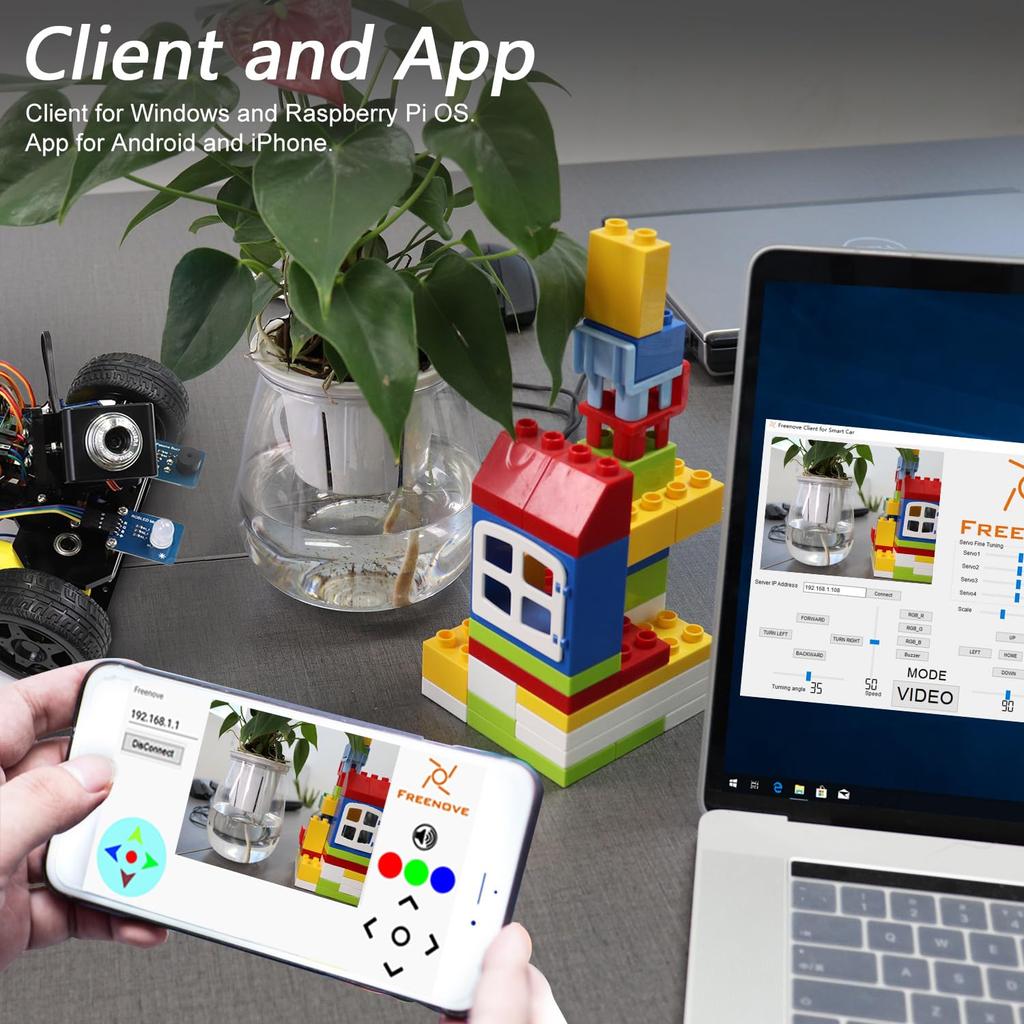 Freenove Smart Car Kit for Raspberry Pi Video Radar App Ultrasonic Distance and Servo Pi Not Three-Wheeled 5/4B/3B+/3B/3A+, Mode, Mode, Control,