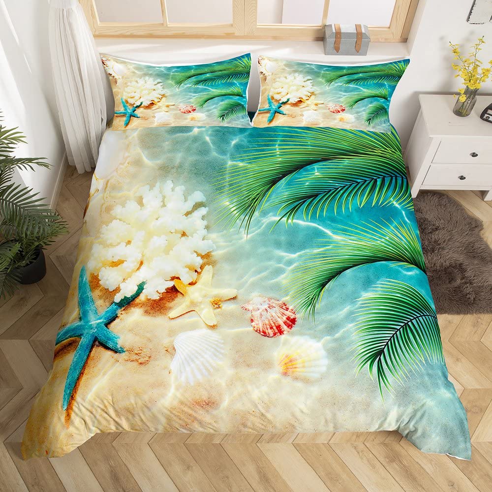 Summer Beach King Queen Duvet Cover Blue Ocean Fish Bedding Set Hawaiian Sea Palm Trees Quilt Cover Marine Life Comforter Cover