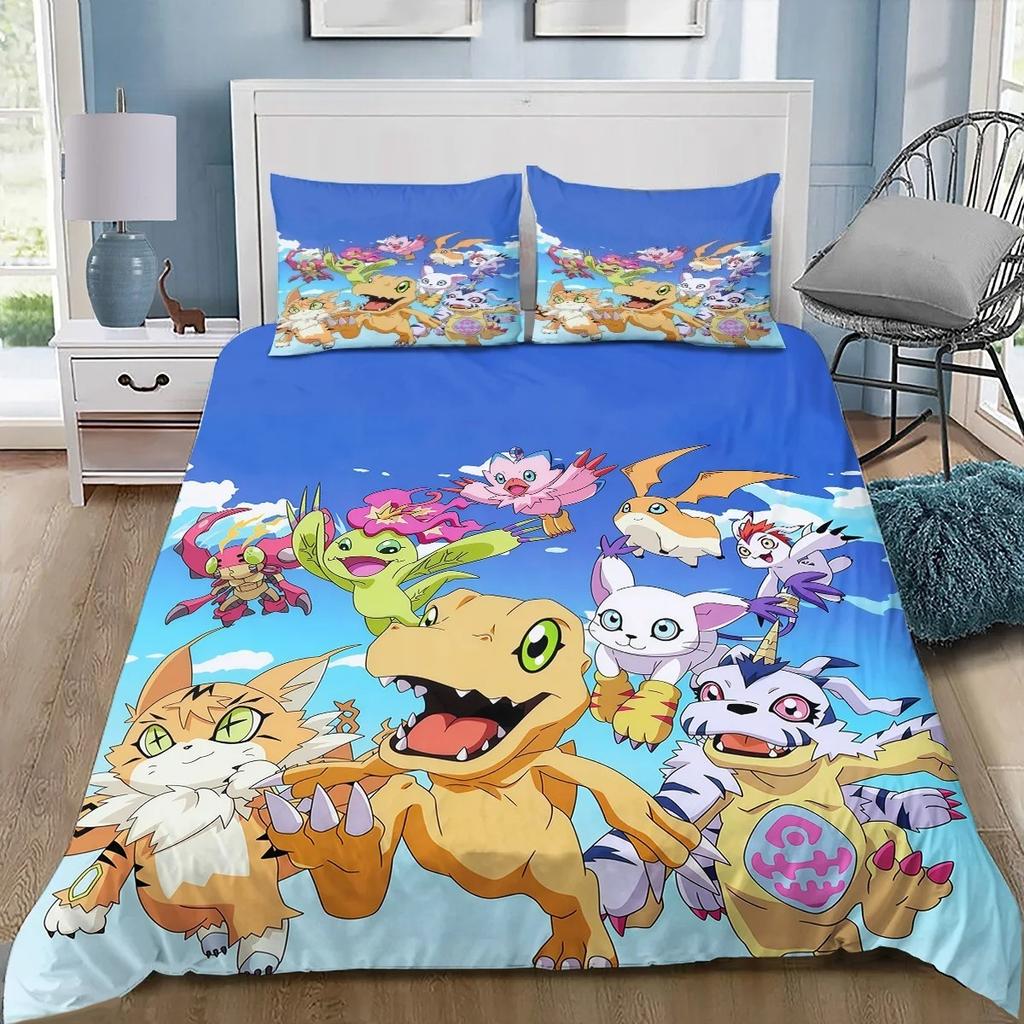 3D-печатный комплект постельного белья Digimon — Включает пододеяльник и наволочки — Доступен для односпальной, двуспальной, King и Queen-размеров