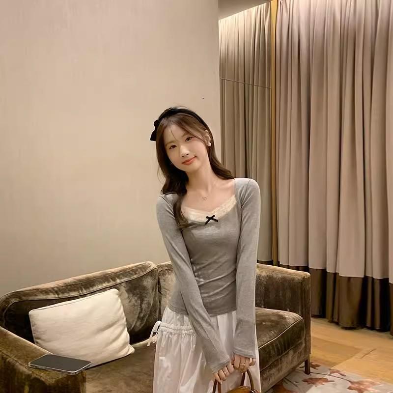 Кружевная футболка pure desire, женская футболка, весна-осень 2024 года, новый облегающий топ с глубоким вырезом и длинными рукавами, внутренняя часть ключицы