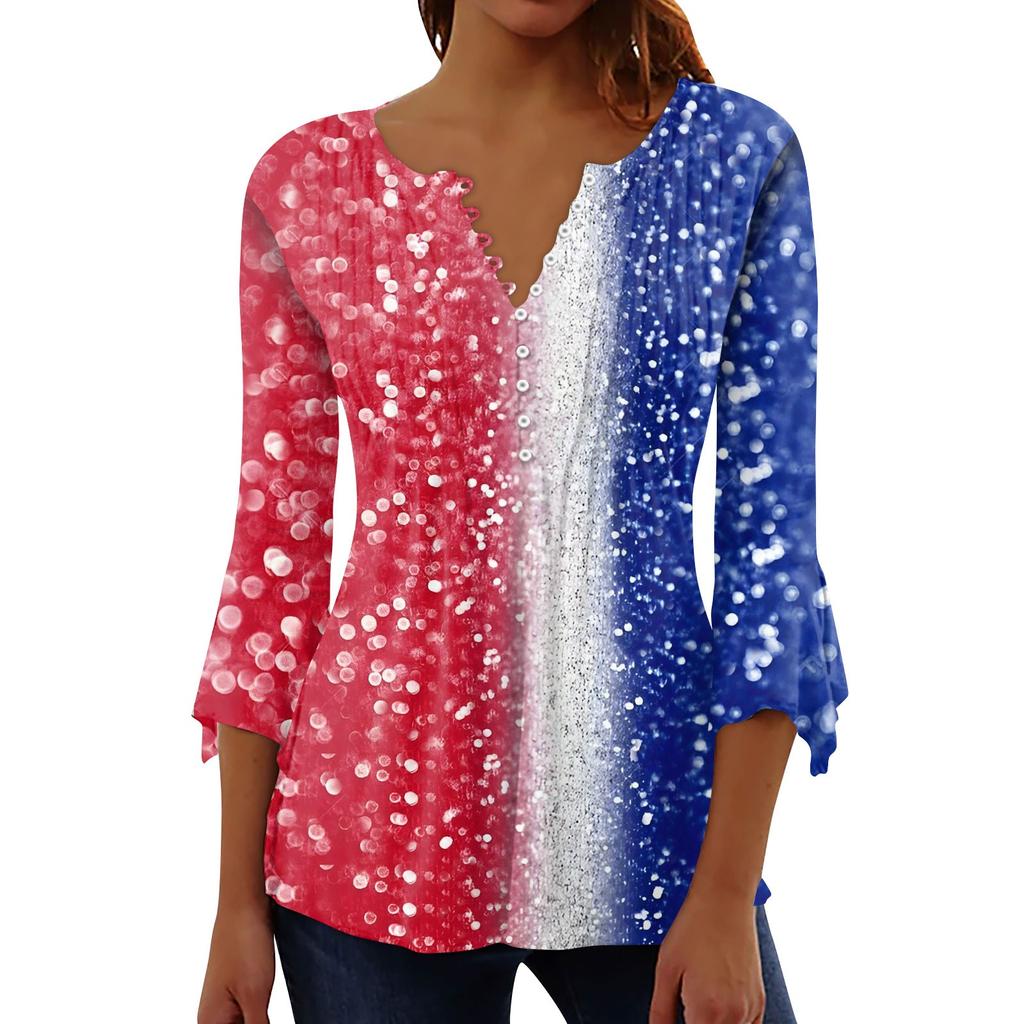 Женский повседневный топ на пуговицах с длинными рукавами и v-образным вырезом в честь Дня независимости