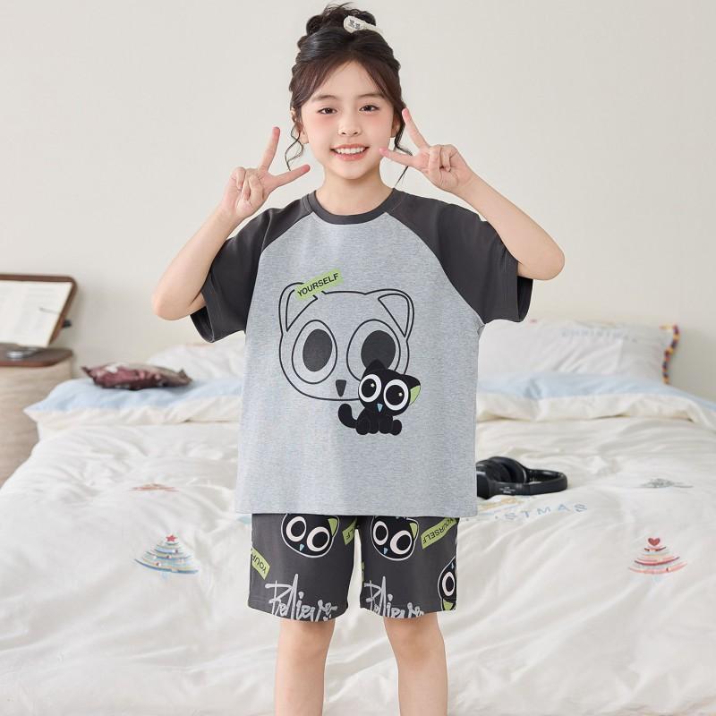Girls Cotton Pajama Set Short Sleeve Cartoon Print Sleepwear Comfortable Home Wear Kids 8 Years