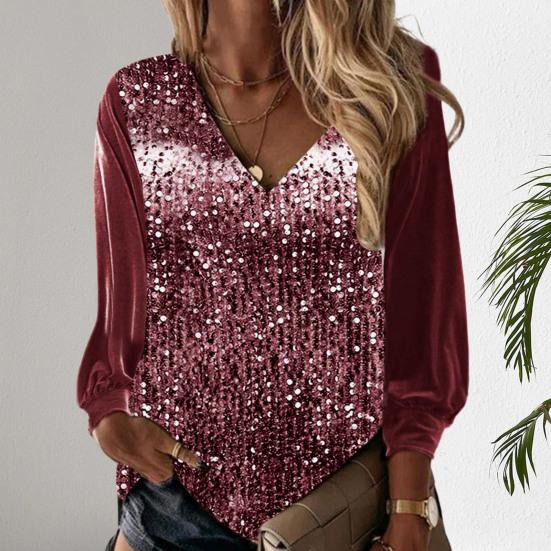 Осень-весна женский топ с блестящими пайетками и v-образным вырезом с длинными рукавами в стиле пэчворк, свободный пуловер, мягкий дышащий средней длины, женская рубашка, блузка