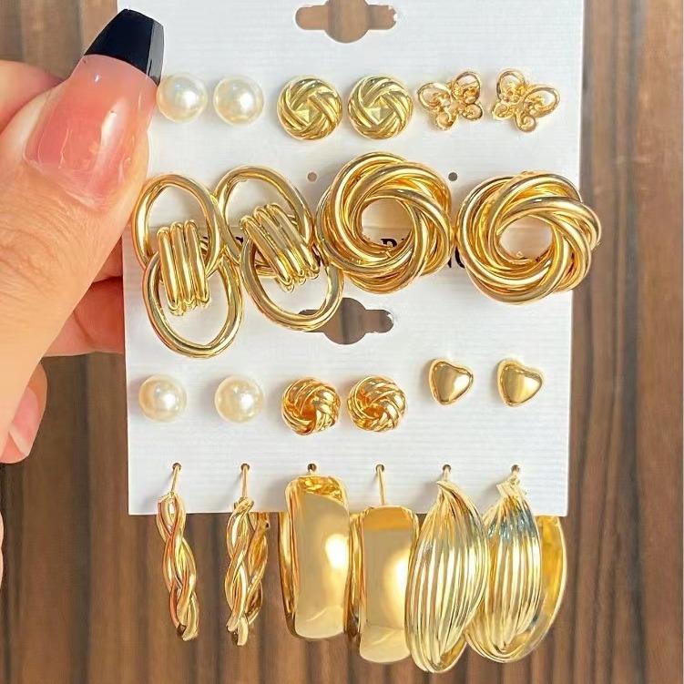 2026 Взрывные Серьги Серьги Геометрические Квадратные Серьги Ретро Жемчуг Набор Открыток Сплав Серьги Комбинация Серег