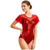 Women Ballet Dance Leotard Metallic Mesh Patchwork Flutter Sleeve Ruched Front Cross U Back Bodysuit for Stage Performance