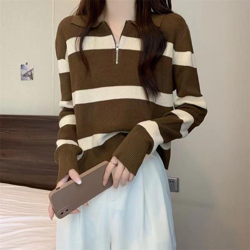 Collar Zipper Striped Long Sleeved Short Knit Sweater for Women In Autumn and Winter Wearing A Base Coat and A Top Sweater for Women
