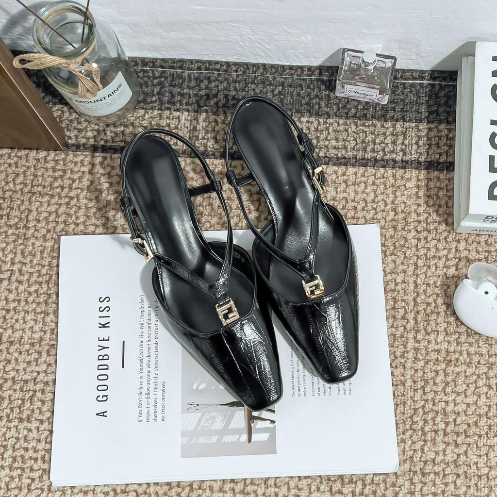 2025 Summer New Bag Head Cool Slippers Women's Rear Empty Single Shoes Thick Heel High Sense French High Heels Are Not Tired