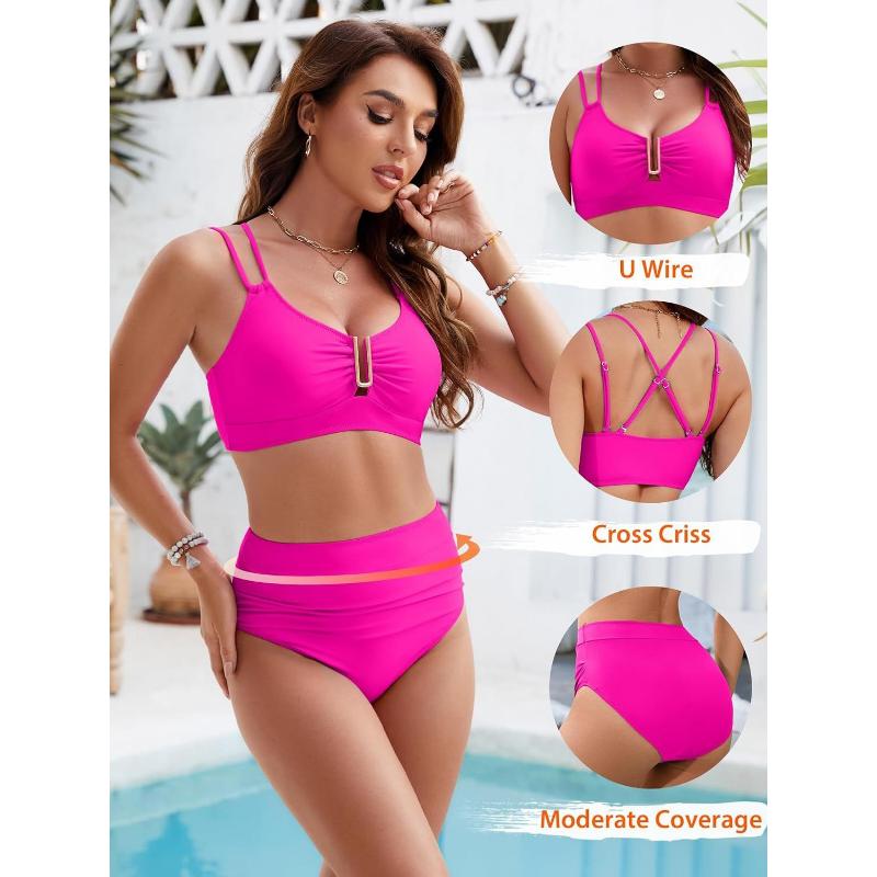 Women's High Waisted Tummy Control Bikini Set Metal U-Ring Ruched Double Strap Black Two Piece Swimwear