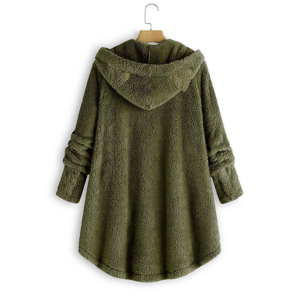 Women's Fashion Solid Color Pocket Button Hooded Plush Coat