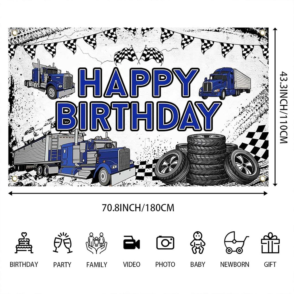 Truck Theme Birthday Banner, 70.8x43.3 Inch, Blue Happy Birthday Party Decoration, Polyester Material, Realistic Truck Design