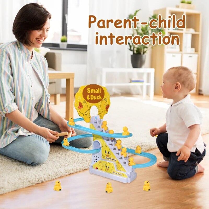 Kids Electric Small Duck Climbing Stairs Toy DIY Rail Racing Track Music Roller Coaster Duck Toy For Baby Kids Gift