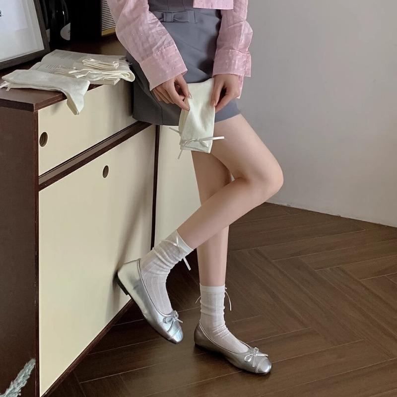 Summer Thin Hollow Mid-tube Socks with Side Bow Ribbon Ballet Style Cream Lolita JK Mesh Socks