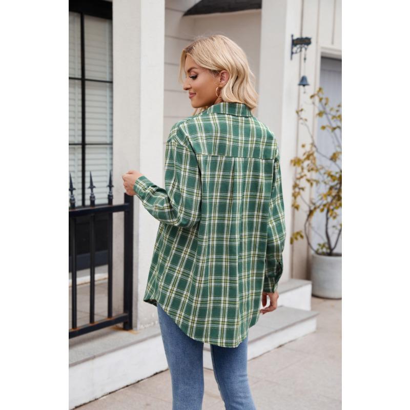 Women's Fashion Casual Spring Fall Plaid Print Long Sleeve POLO Neck Blouses & Shirts