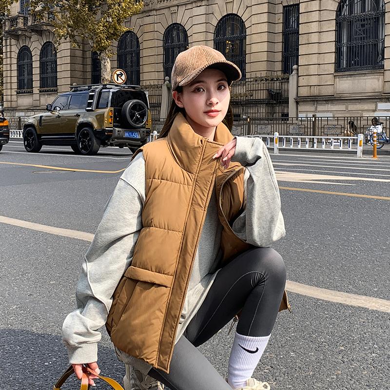 Женское осенне-зимнее однотонное пальто с воротником-стойкой без рукавов и большим карманом на молнии, свободный универсальный теплый хлопковый жилет