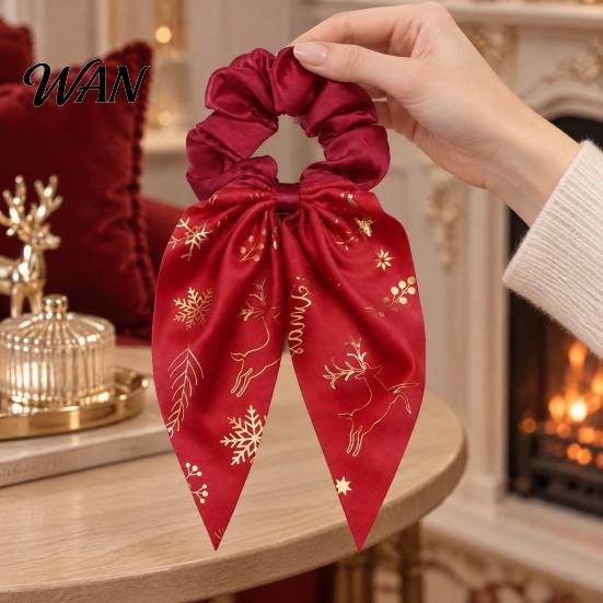 Christmas Hair Accessories for Women Scrunchies with Bows, Soft Satin Elastic Ties Women, Holiday Ponytail Holders Snowflake Elk Tree Print