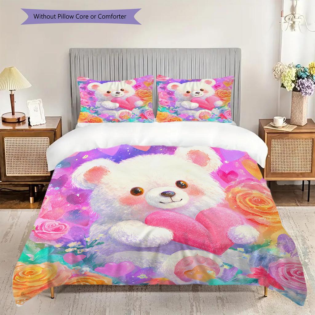 Bear Doll Pattern Bedding Quilt Set Quilt Cover Pillowcase Home Decoration Birthday Gift (1 * duvet cover + 2 * pillowcase, without core)