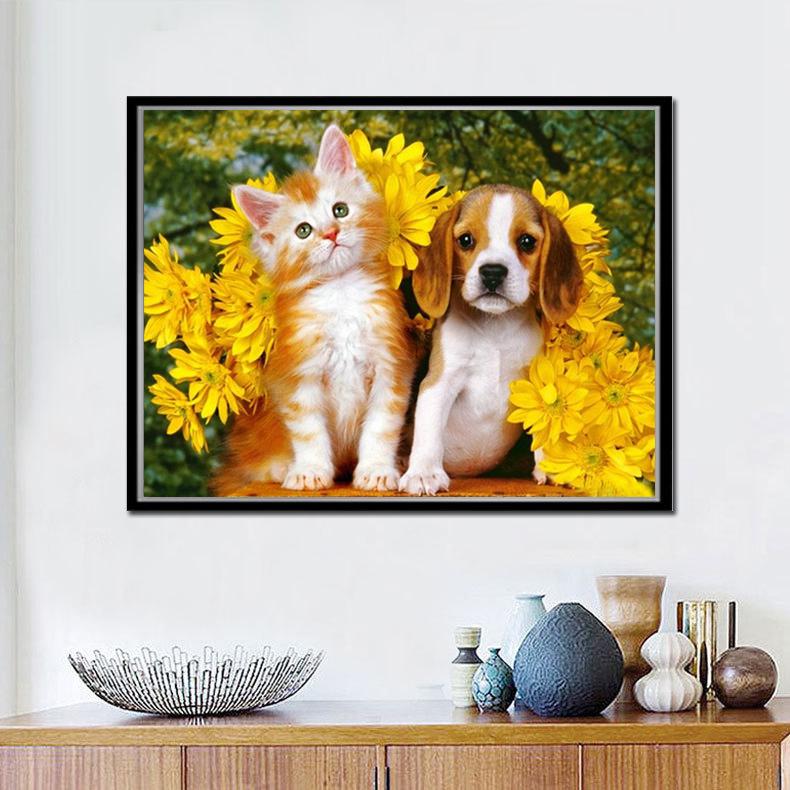 DIY Алмазная картина Кошка и собака Алмазная вышивка Художественная картина Животное Картина Вышивка крестом Домашний декор