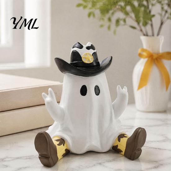 Cowboy Ghost Decor Halloween Figurine, Cute Resin Statue with Hat Creative Gift And Boots, Western Sculpture for Table Shelf Atmospheric Room