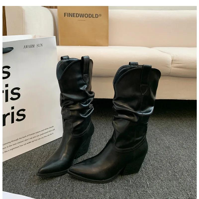 Модные высокие каблуки до середины икры, плиссированные сапоги для женщин, осенне-зимние, коричневые, из искусственной кожи, ковбойские сапоги в западном стиле, женские, на толстом каблуке, ковбойские боты для женщин