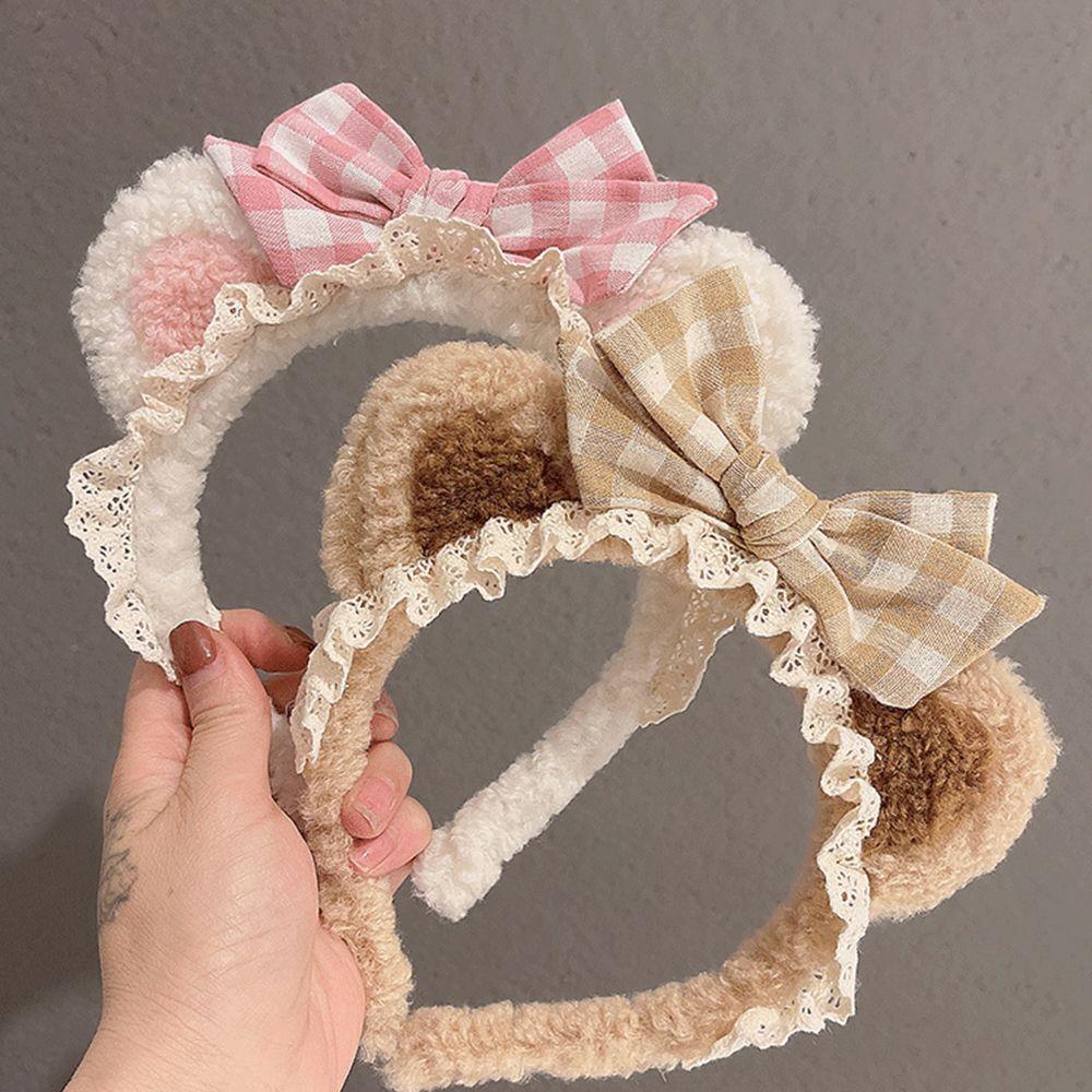 Plush Headdress Wash Face Plaid Bow Women Accessories Korea Style Headband Cat Ears Lace Hair Band
