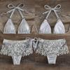 2022 Sequins Swimsuit for Women Sexy Backless Push Up Triangle Thong 3 Pieces Bikini Set High Waist Female Swimwear Bathing Suit