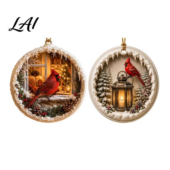 Classic Keepsake Ornaments 2 Pcs Red Bird Christmas Ornaments 2D Round Acrylic Snowy Scene Warm Companionship Winter Decor Xmas Tree Hanging