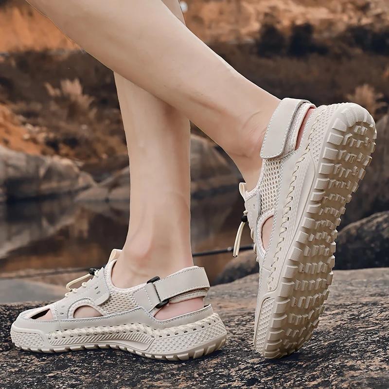 Модные мужские сандалии Tide 2024, лето, новый стиль, кожаный носок, для отдыха на природе, полые сандалии, пляжная обувь, мужская обувь из сетки ручной работы