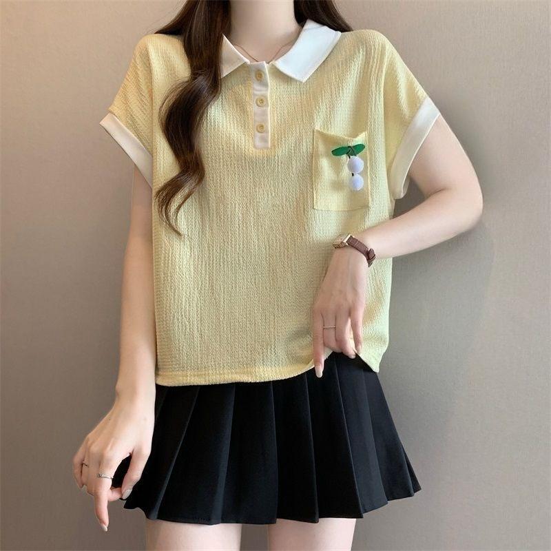 Cherry Decorative Women's T-shirt Color Blocking Turn Down Collar Half Button Short Sleeved Tees Summer New Version Loose Casual Lady Top