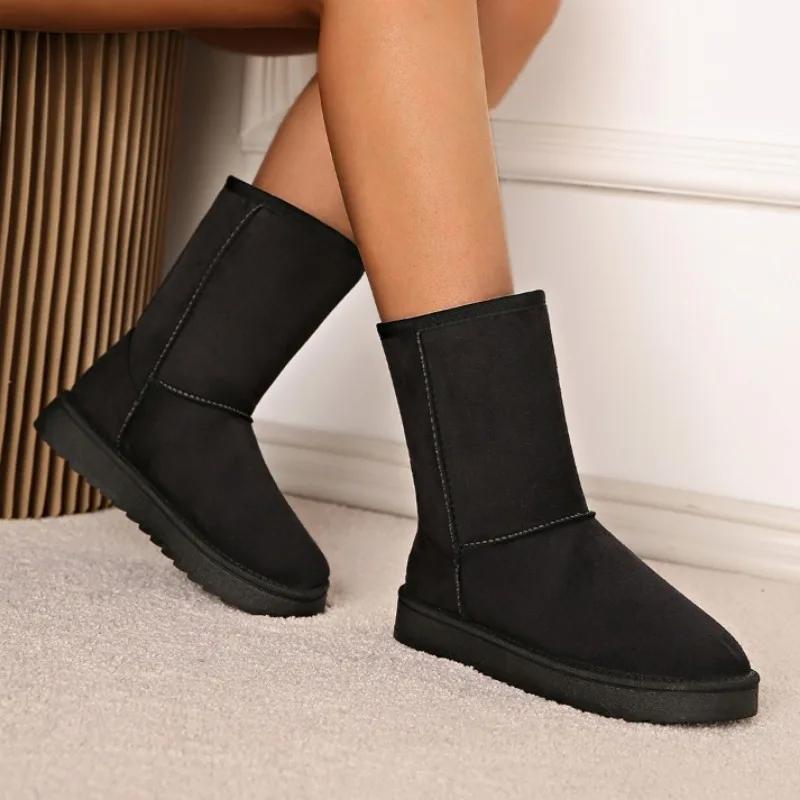 Зимние классические женские зимние сапоги из замши 2024 года, новые женские плюшевые теплые повседневные женские сапоги на толстой подошве до середины голени
