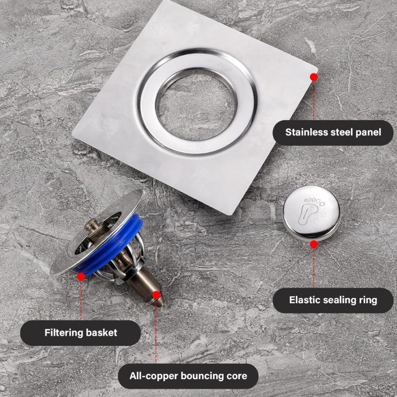 Foot Floor Drain Stainless Steels Square Shower Drain Square Shower Room Cover Plug Fast Draining Hair Catcher Strainer