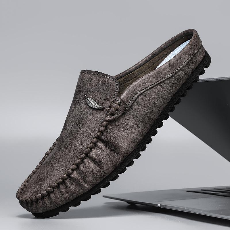 Fashion Breathable Mens Half Slippers Handmade Leathe Muller Shoes Loafers Male Comfy Flats Lazy Shoes Soft Handmade Men Casual Footwear