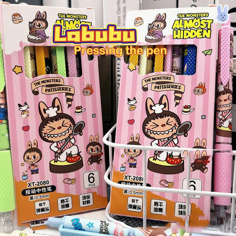 6Pcs Kawaii Gel Pen Labubu Monster Cartoon Neutral Pen Quick Drying Pen Student Examination School Office Supplies Stationery