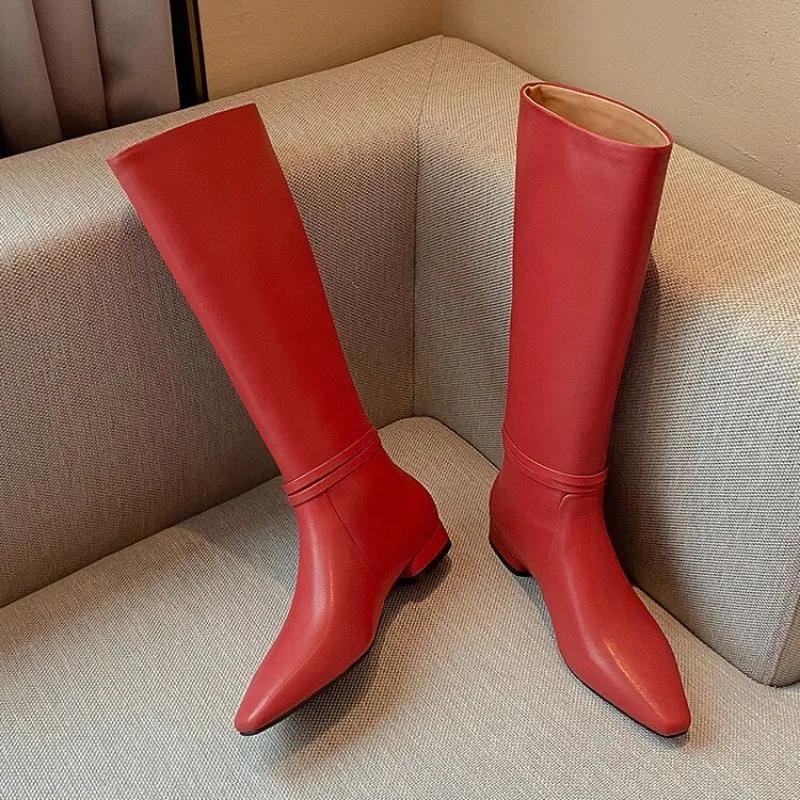 Fashion New Solid Color Cowhide 2.5cm Low Heel Knee High Boots Autumn Winter Fashion Warm Plush Red Black Spicy Girl Women Boots 34-43