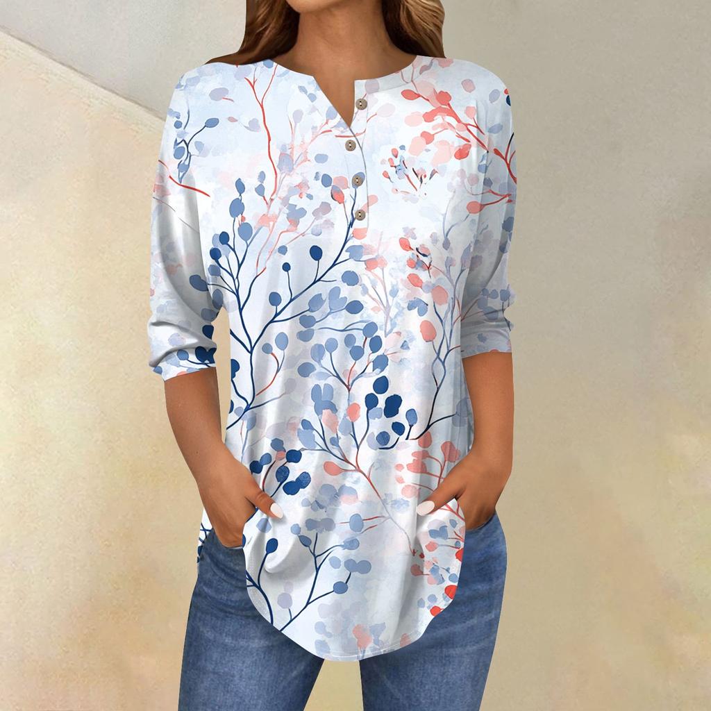 Женская мода свободный воротник на пуговицах с принтом рукав 3/43/4 футболка топы пуловер