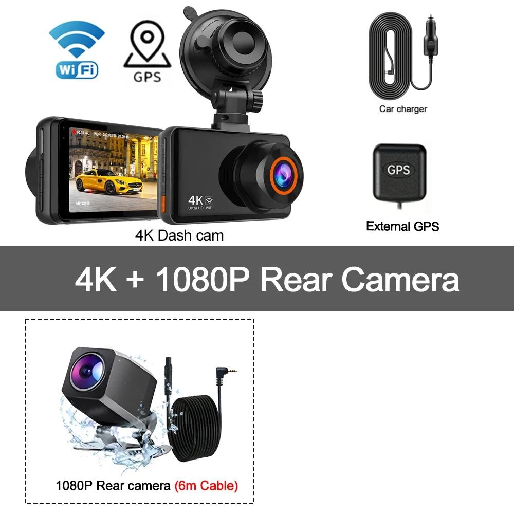 Автомобильный видеорегистратор 4K WIFI GPS DashCam для автомобильного видеорегистратора Камера переднего и заднего вида Ночное видение Черный ящик Круглосуточная парковка Автомобильные аксессуары