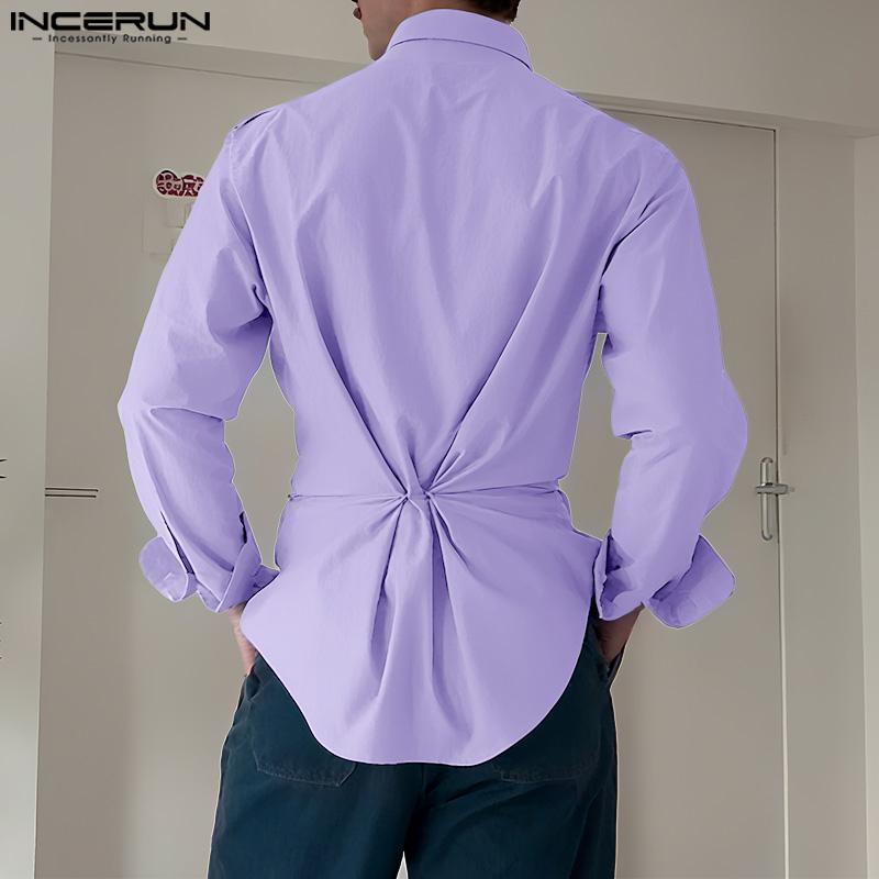 INCERUN Men Lapel Long Sleeve Front Bow Knot Back Twisted Casual Shirts