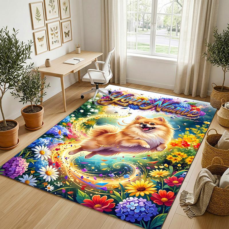 Floral Garden Theme Crystal Velvet Rug Personalized Custom Name Text Soft Floor Mat Home Decor