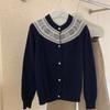 Women's Retro Color Block 100% Wool Cardigan - Round Neck Knit Jacquard Sweater for Autumn & Winter