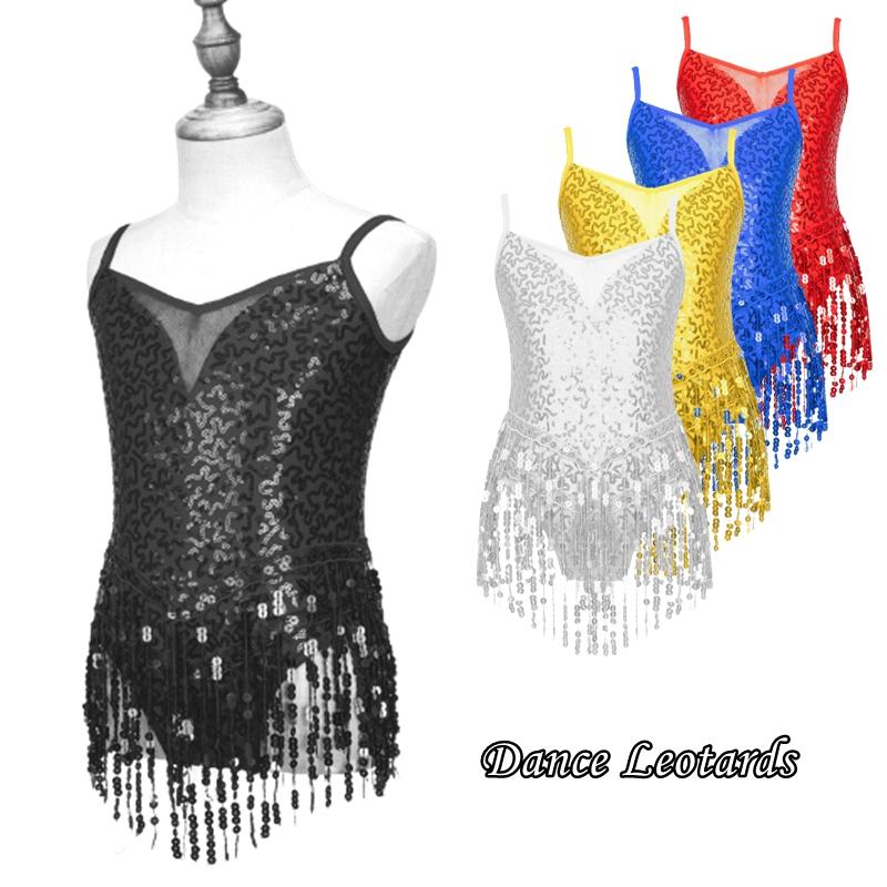 Kids Girls Latin Dance Dress Sleeveless Sparkly Sequins Tassel Fringe Dress Latin Jazz Salsa Tango Samba Rumba Dance Costume