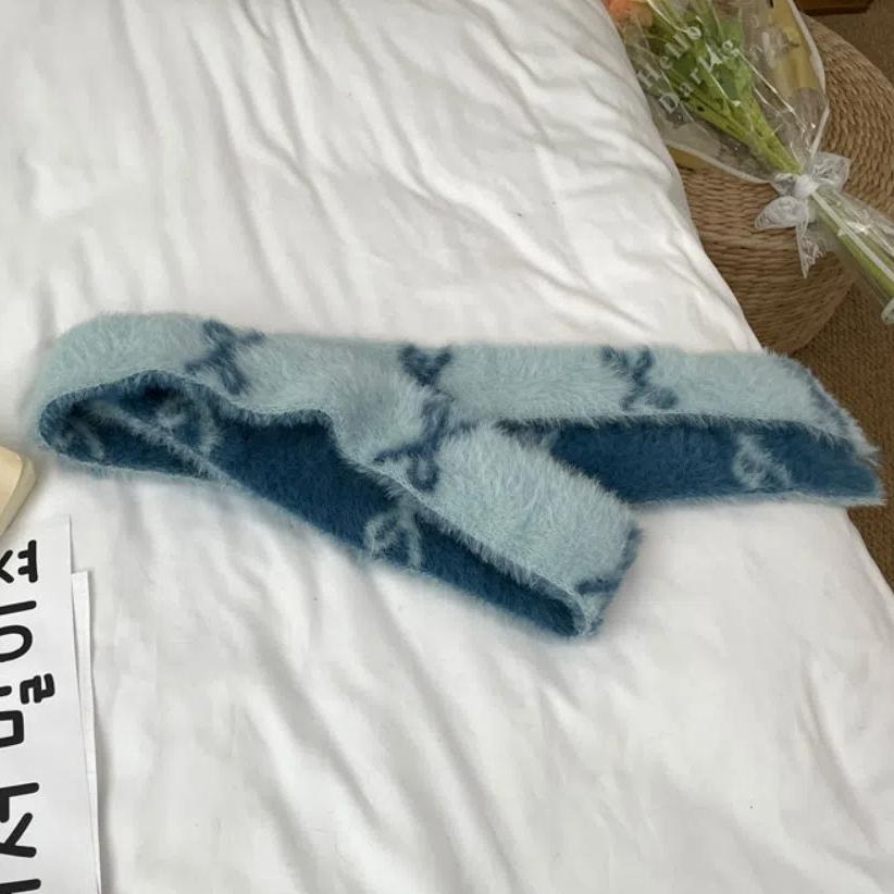 Тонкий двухсторонний шарф Y2k, длинный, цветной блок, защита шеи, ретро бант, вязаный шейный платок, для девочек