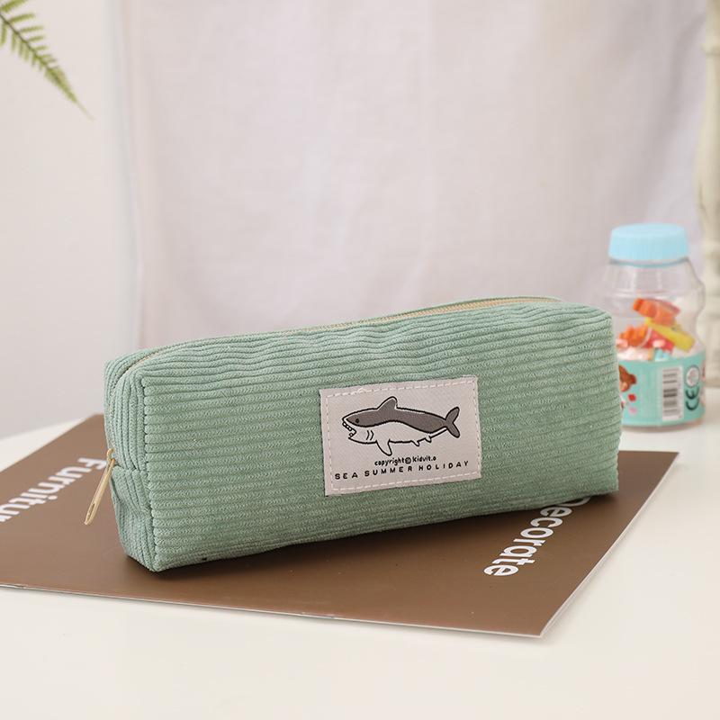 Cute Corduroy Pencil Case Little Shark Embroidery Pen Bag Pouch Gift for Girls&Kids School Office Stationery Organizer Supplies